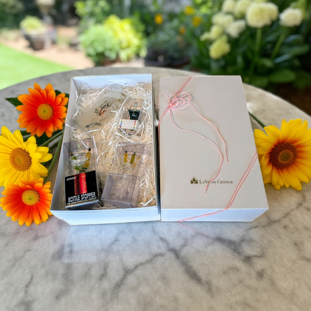 結婚式・誕生日・お中元に|ボトルストッパー2種×グラスマーカー6脚×ポアラーBOX付き