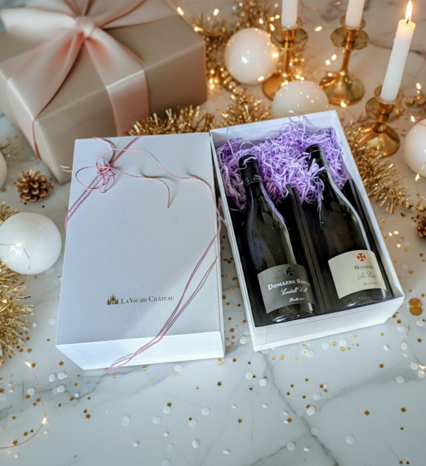 【3周年記念・白金BOX入】至福のフルコース・ペアギフト | 高級赤ワイン カスティール ベル& 辛口白ワイン ラ・コストゥ | 贅沢な美食時間を贈る