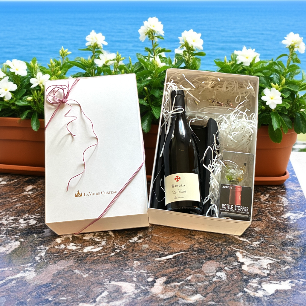 Un cadeau qui comprend du LaCoste (vin blanc parfumé du sud de la France) et 2 accessoires.