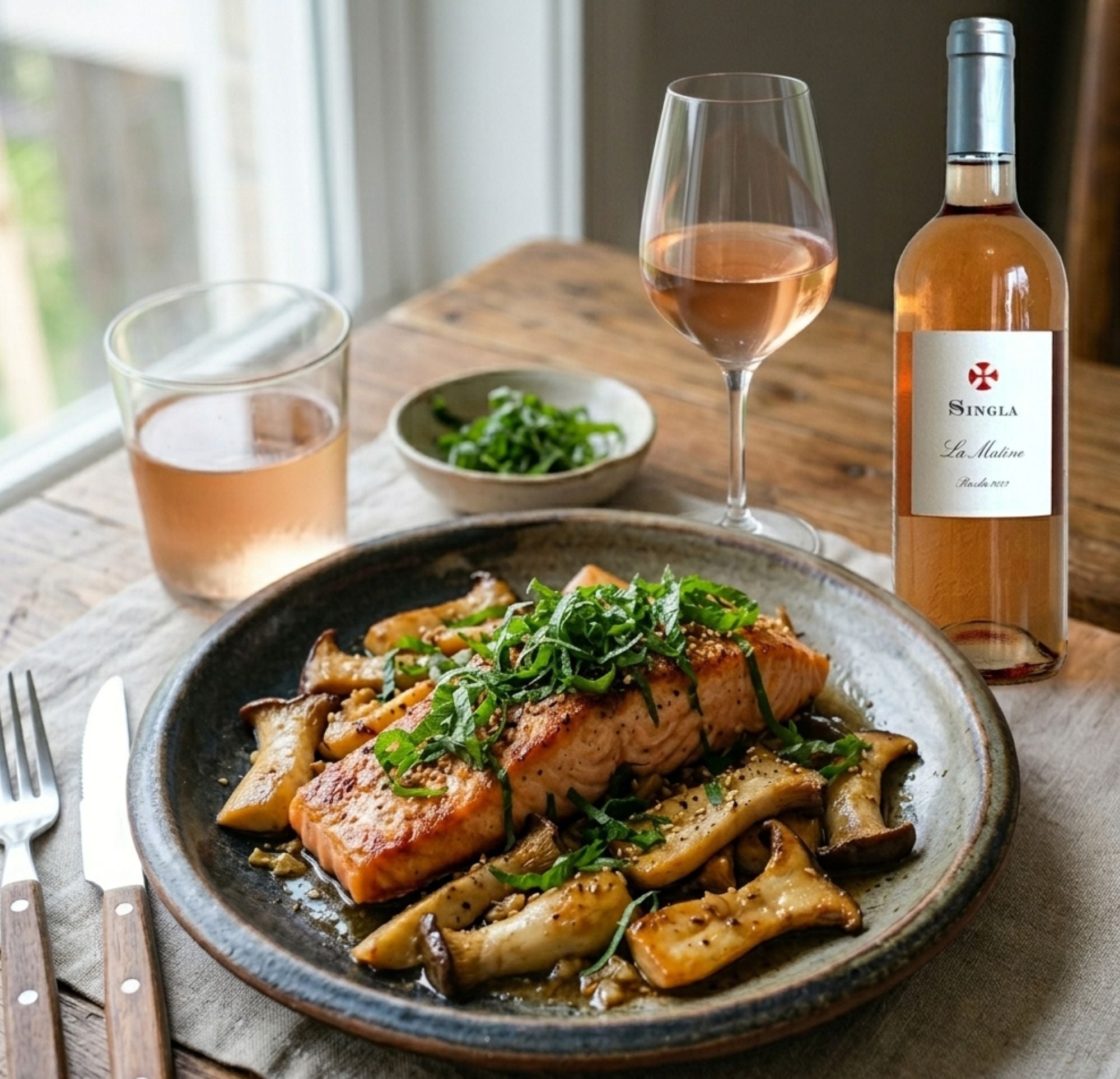 3月20 日のブログ：サーモンとエリンギのガーリックソテー × ラ・マティン・ロゼ。大葉香る和モダンなペアリングの極意