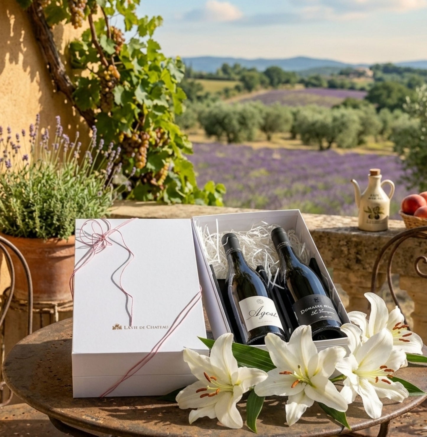 Un coffret cadeau d'Auguste, un blanc représentatif du sud de la France, et un vin rouge populaire.