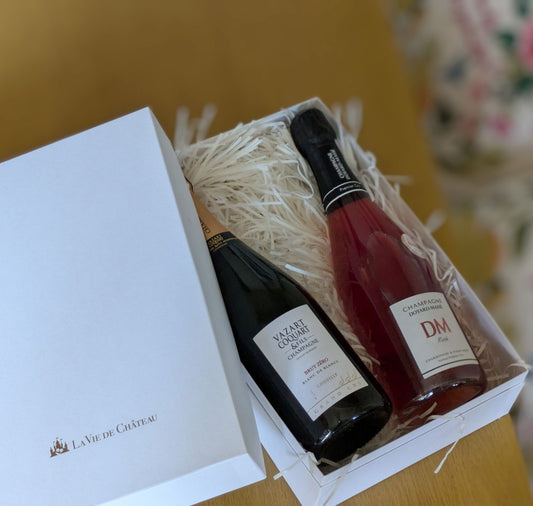 Champagne!　Great value gift (Grand Cru luxury champagne and DM rosé champagne in chateauBOX)